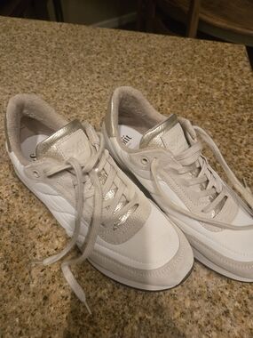 Sofft Women’s White and Beige Lace-Up Sneakers with Metallic Trim